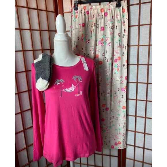 HUE Women's Medium Printed Knit Tee and Pant 3 Piece Pajama Set - Picture 1 of 8